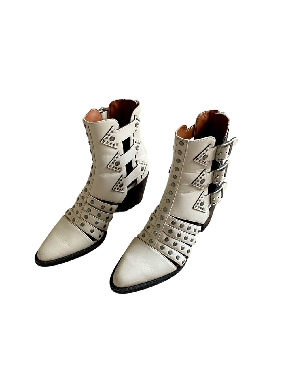 Coach Edgy Moto Chic Phoebe Embellished 3 Buckle Pointed Toe Block Heel Booties